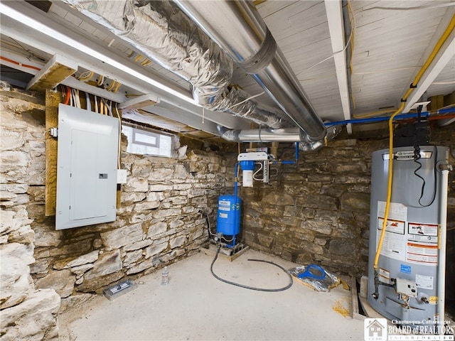 utility room with gas water heater and electric panel