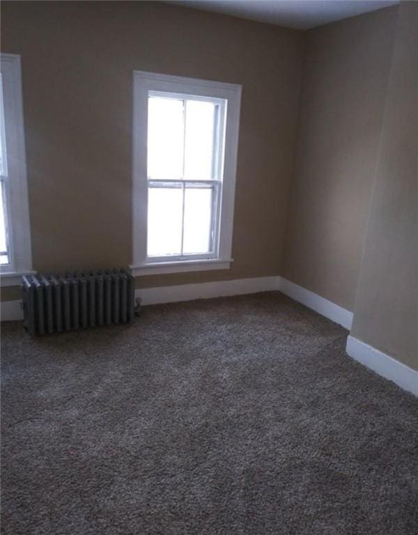 spare room featuring carpet, plenty of natural light, and radiator