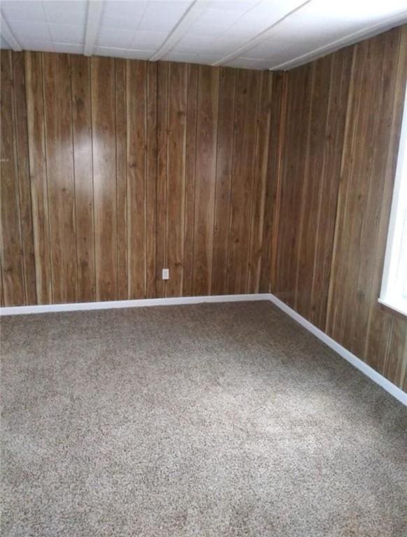 spare room featuring carpet flooring and wood walls