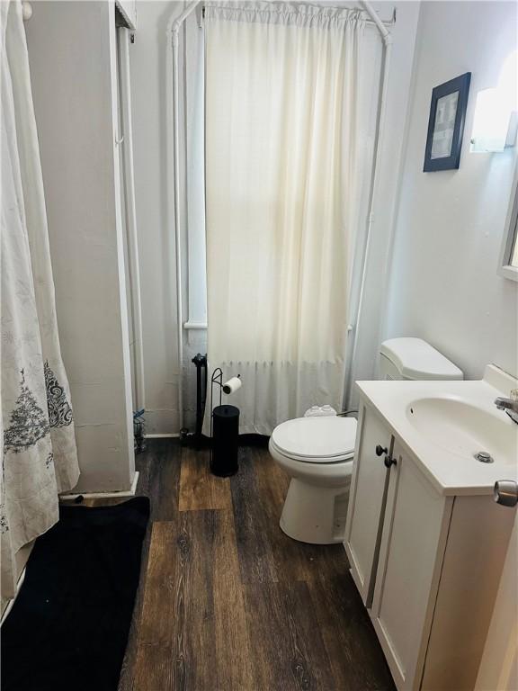 bathroom with vanity, hardwood / wood-style flooring, and toilet