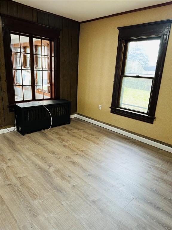 unfurnished room featuring light hardwood / wood-style floors, ornamental molding, and wood walls