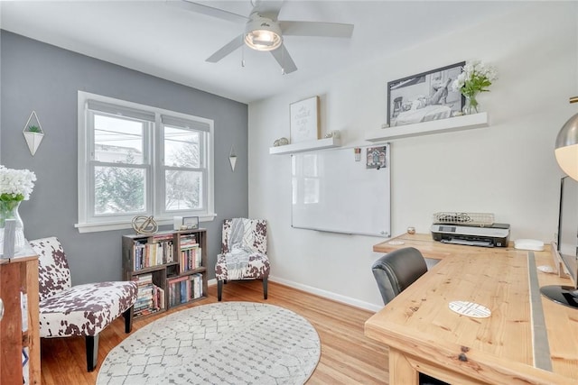 office area featuring ceiling fan and hardwood / wood-style flooring