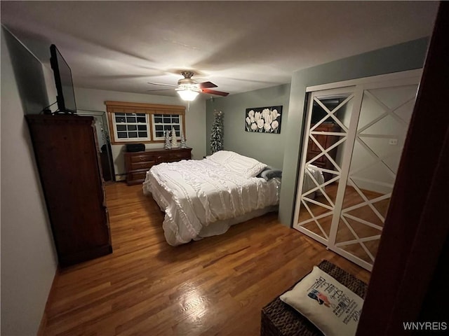 bedroom featuring ceiling fan and wood-type flooring