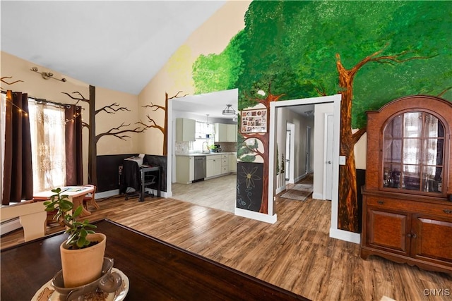 entryway with vaulted ceiling, light hardwood / wood-style flooring, and sink