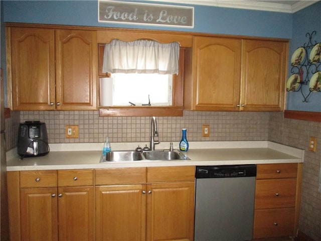 kitchen with decorative backsplash, dishwasher, ornamental molding, and sink