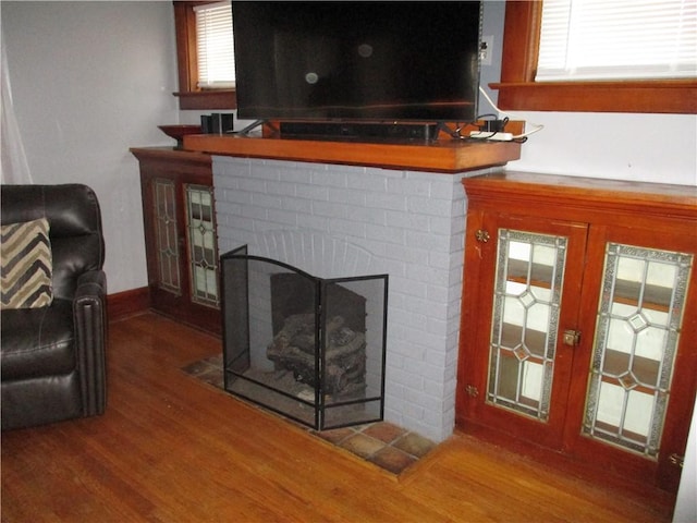 living room featuring a fireplace, wood-type flooring, and plenty of natural light