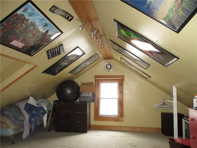 additional living space featuring light carpet and vaulted ceiling