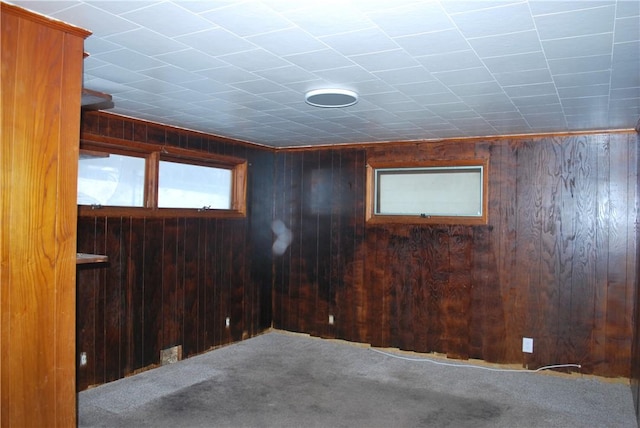 spare room with carpet floors and wooden walls