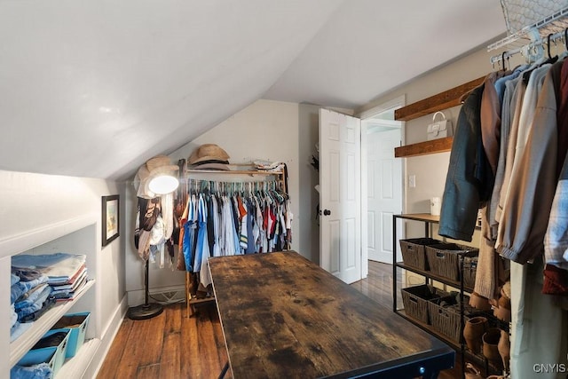 spacious closet with vaulted ceiling and dark wood-type flooring