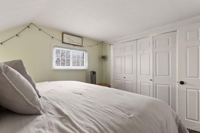 bedroom featuring a closet and lofted ceiling