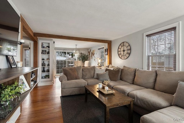 living room with dark hardwood / wood-style flooring