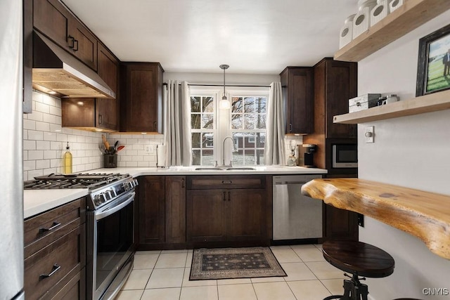 kitchen with stainless steel appliances, dark brown cabinetry, sink, decorative light fixtures, and tasteful backsplash