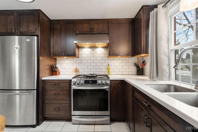 kitchen with range hood, appliances with stainless steel finishes, decorative backsplash, and sink