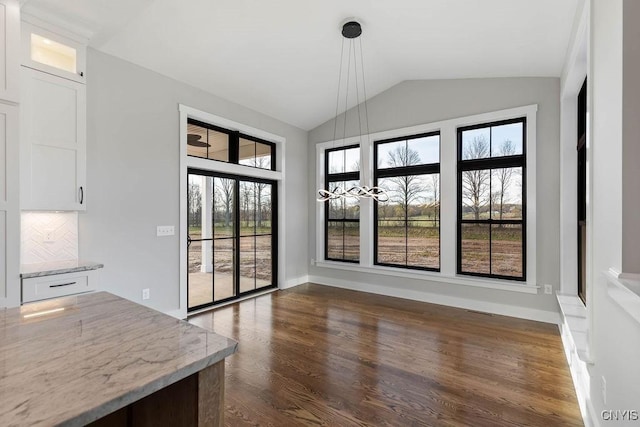 unfurnished dining area featuring vaulted ceiling, a wealth of natural light, and dark wood-type flooring