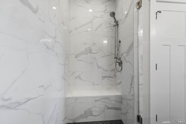 bathroom with a shower with shower door