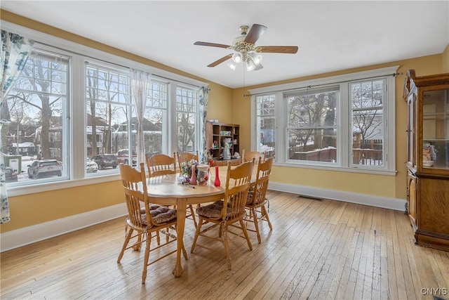 dining area featuring ceiling fan, light hardwood / wood-style flooring, and a healthy amount of sunlight