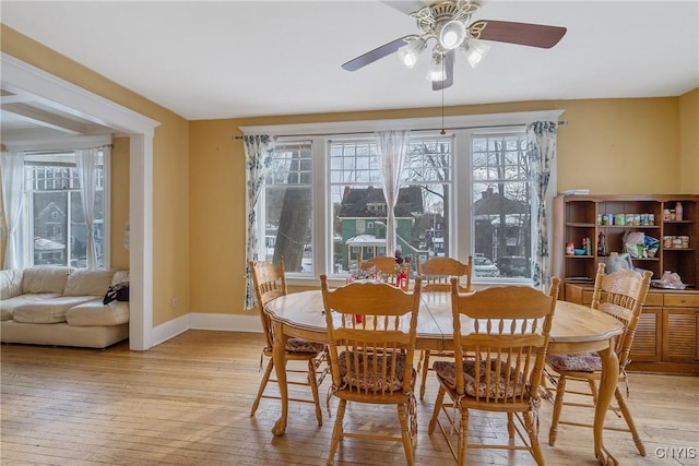 dining room featuring light wood-type flooring and ceiling fan