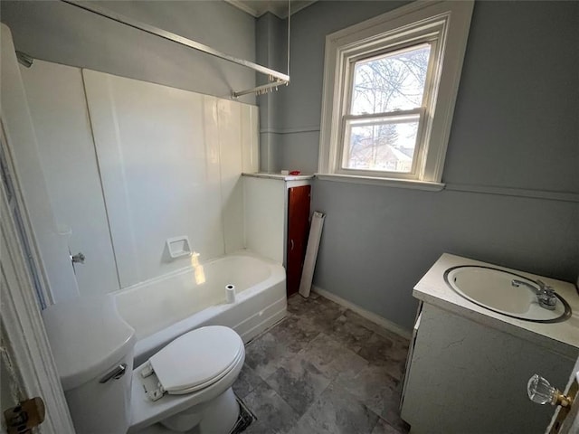 full bathroom with toilet, vanity, and washtub / shower combination