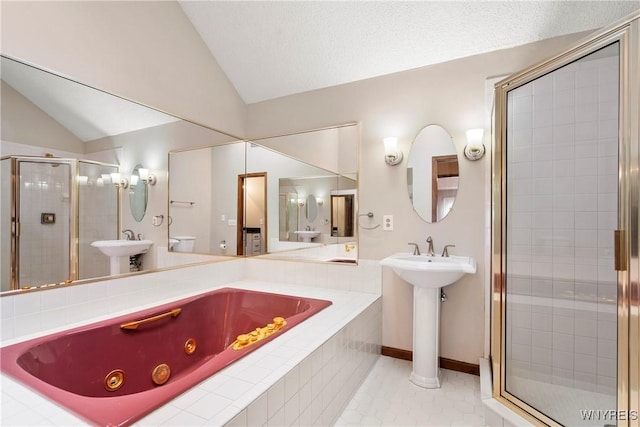 bathroom with sink, lofted ceiling, separate shower and tub, and tile patterned flooring