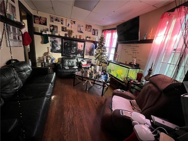 living room featuring a paneled ceiling and hardwood / wood-style floors