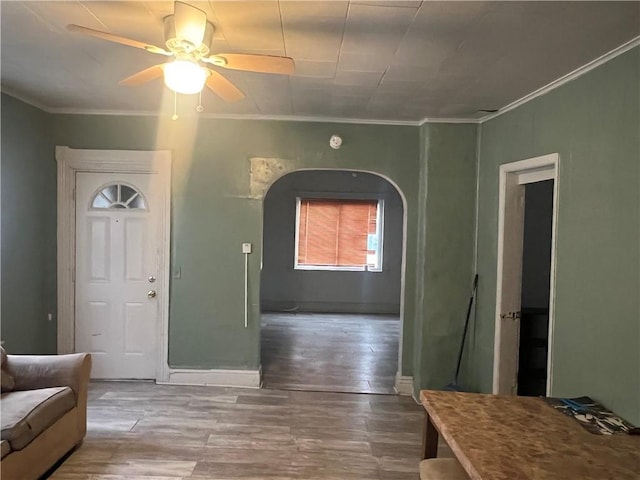 foyer featuring ornamental molding, ceiling fan, and wood-type flooring