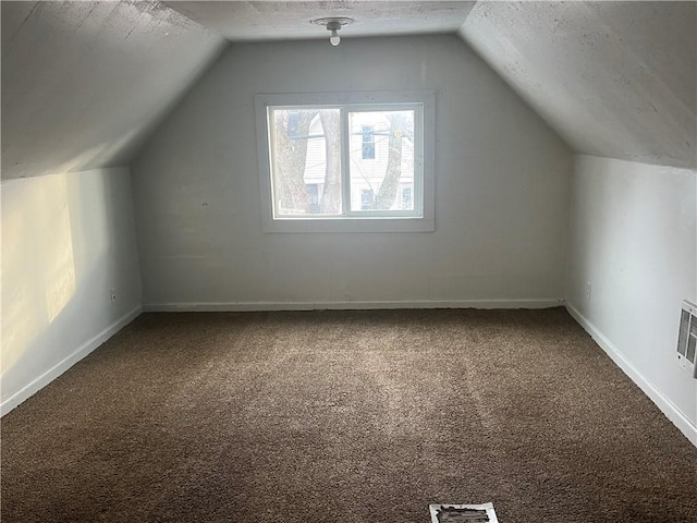 additional living space featuring a textured ceiling, carpet, and lofted ceiling