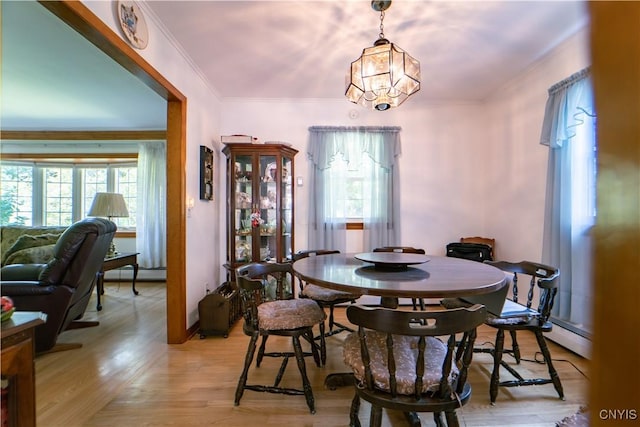 dining area featuring a baseboard heating unit, an inviting chandelier, light hardwood / wood-style floors, and plenty of natural light