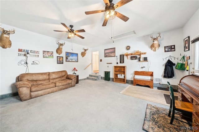 living room featuring ceiling fan and carpet floors