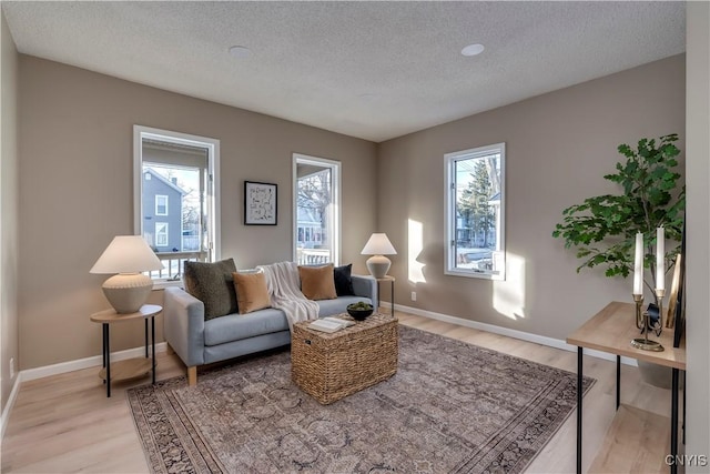 living area with a textured ceiling, a wealth of natural light, and light hardwood / wood-style floors