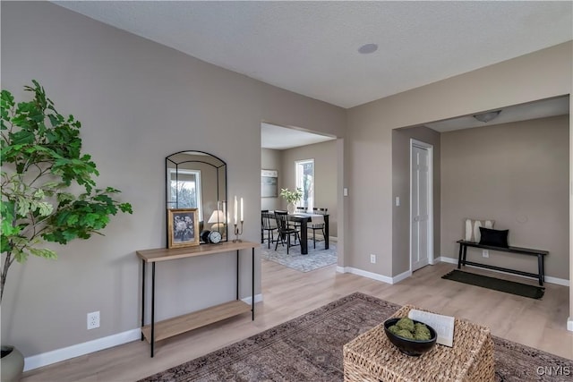 entryway with a textured ceiling and light wood-type flooring