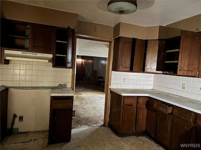 kitchen with decorative backsplash, ceiling fan, and dark brown cabinets