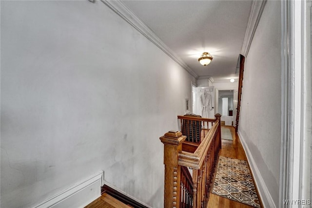 hallway with hardwood / wood-style floors and crown molding