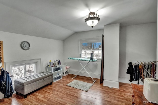 bedroom with hardwood / wood-style floors and vaulted ceiling