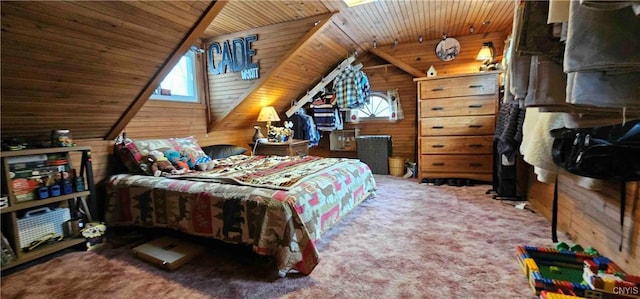 bedroom with carpet floors, wood walls, vaulted ceiling, and wood ceiling