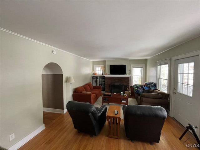 living room with a fireplace, crown molding, and light hardwood / wood-style floors