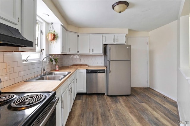 kitchen with dark hardwood / wood-style floors, backsplash, white cabinets, appliances with stainless steel finishes, and sink