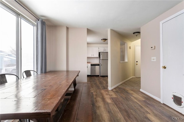 unfurnished dining area with dark wood-type flooring