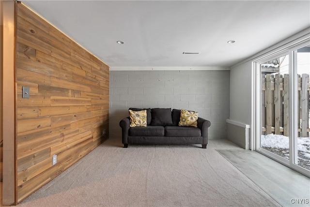 sitting room with wood walls, light carpet, and plenty of natural light