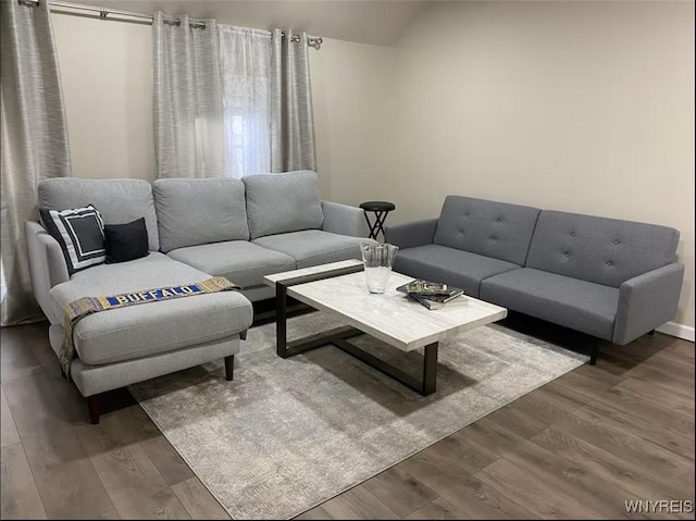 living room featuring hardwood / wood-style flooring and vaulted ceiling