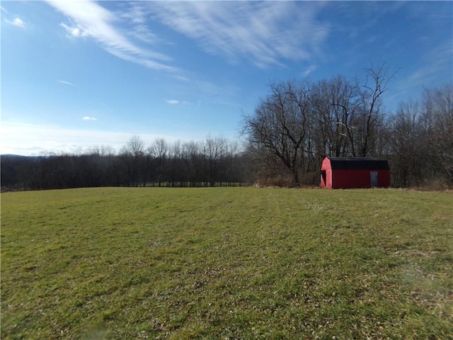 view of yard featuring a rural view and a storage shed