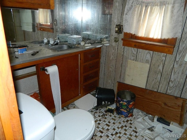 bathroom with vanity and wooden walls