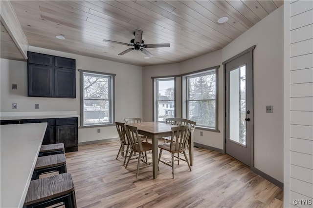 dining room featuring ceiling fan, light hardwood / wood-style flooring, and a wealth of natural light