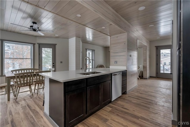 kitchen with stainless steel dishwasher, light hardwood / wood-style floors, wood ceiling, ceiling fan, and sink