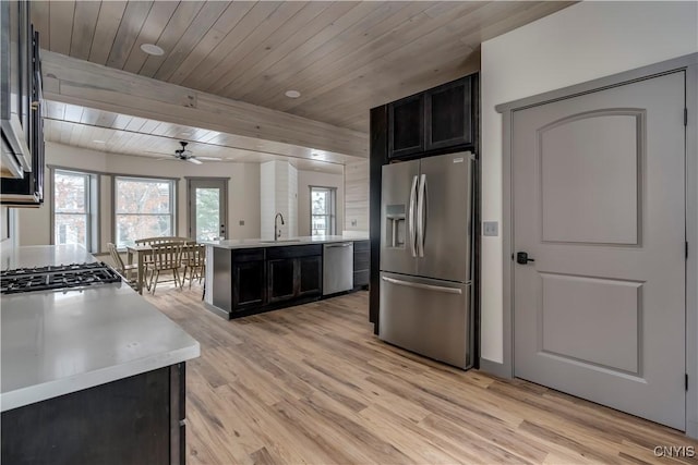 kitchen featuring light hardwood / wood-style floors, appliances with stainless steel finishes, ceiling fan, wooden ceiling, and sink