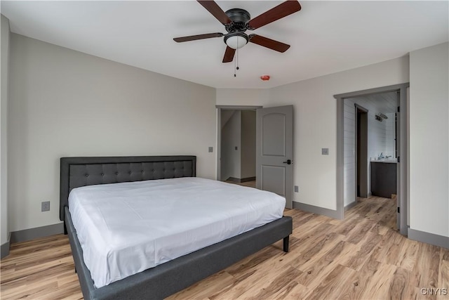 bedroom featuring ceiling fan and light wood-type flooring