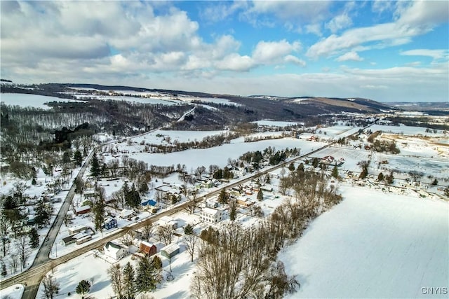 snowy aerial view featuring a mountain view