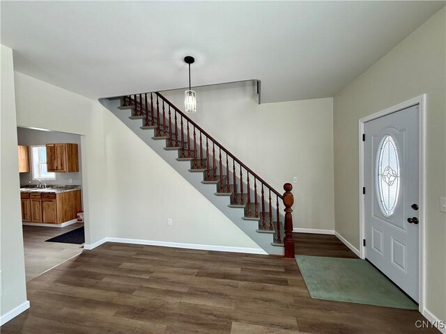 entryway with sink and dark hardwood / wood-style floors