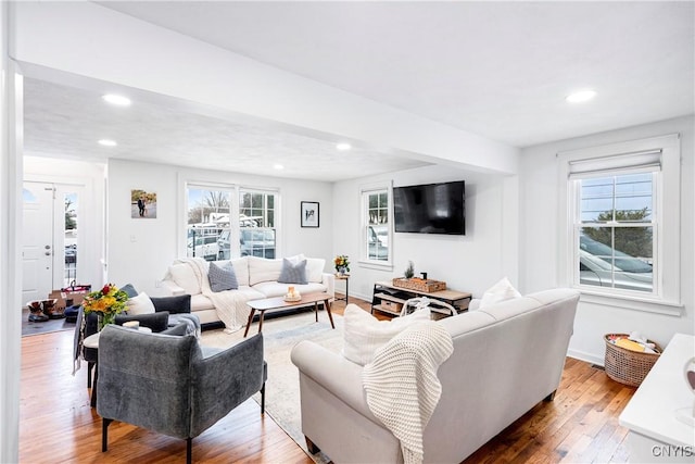 living room featuring a healthy amount of sunlight and hardwood / wood-style flooring