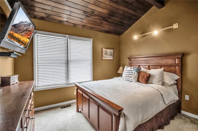 bedroom featuring light colored carpet, wooden ceiling, and vaulted ceiling