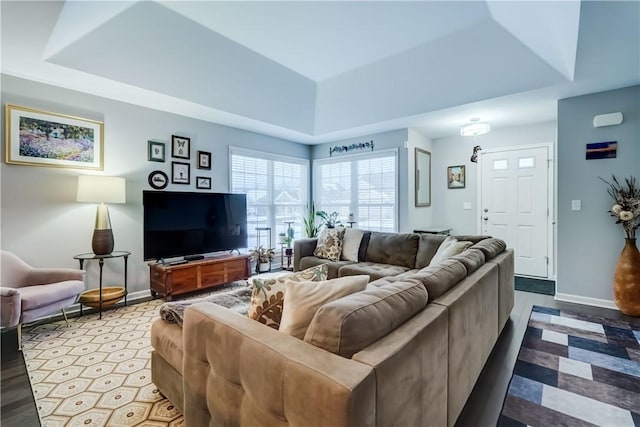 living room with a tray ceiling and light hardwood / wood-style flooring